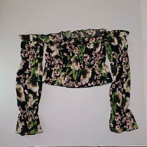 Flowered woman off the shoulder top . Black, Green , Cream and light Pink.